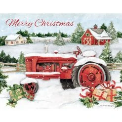 Snowy Tractor Boxed Christmas Cards (18 Pack) W/ Decorative Box By Susan Winget